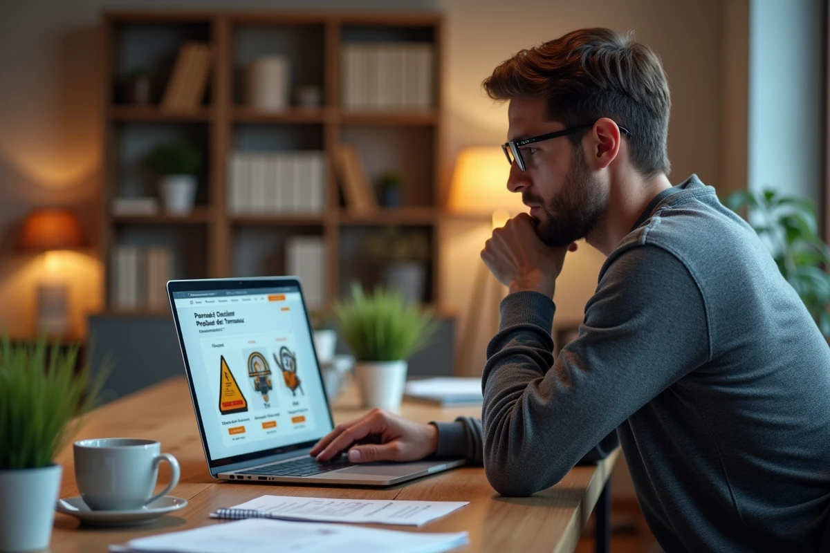 Achat en ligne d'un panneau déclaration préalable de travaux sur un site e-commerce depuis un ordinateur portable