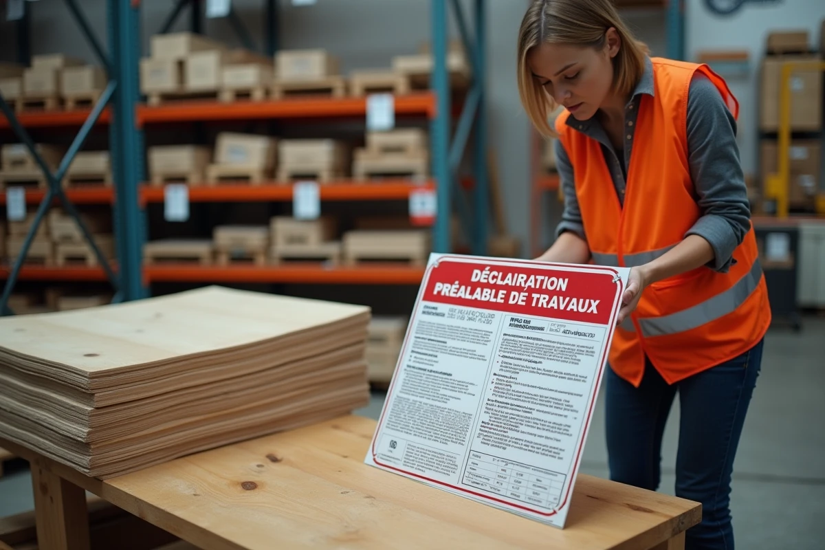 Panneau déclaration préalable de travaux exposé en magasin de bricolage avec étiquette de prix