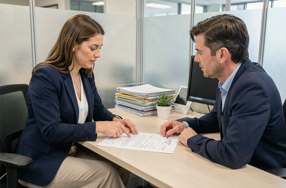 Conseillère immobilière et colocataire examinant ensemble les clauses d'un bail solidaire dans une agence immobilière