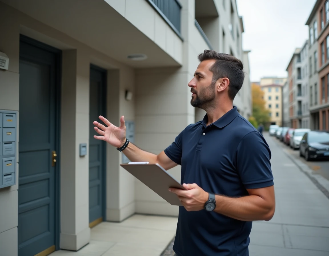 Agent immobilier inspectant la façade d'un immeuble résidentiel géré en copropriété