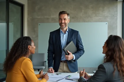 Agent immobilier en costume bleu conseille un couple dans un bureau moderne
