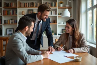 Agent immobilier avec couple souriant dans un appartement lumineux
