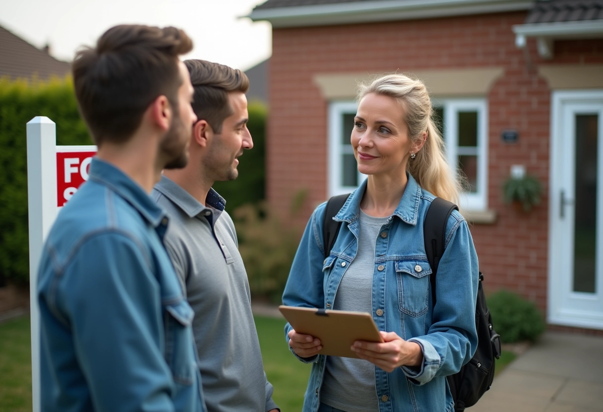 Agent immobilier écoute un jeune couple devant une maison en vente