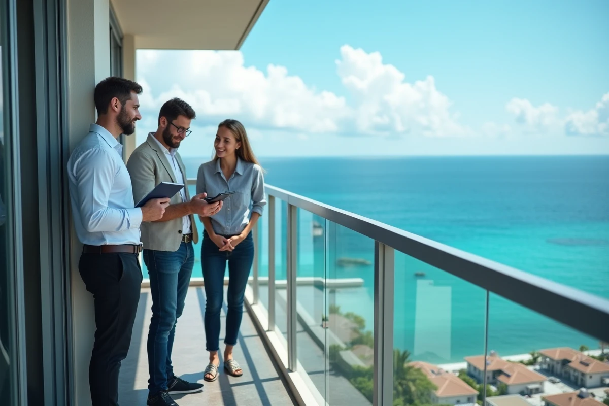 Agent immobilier discutant avec un couple sur un balcon face à la mer