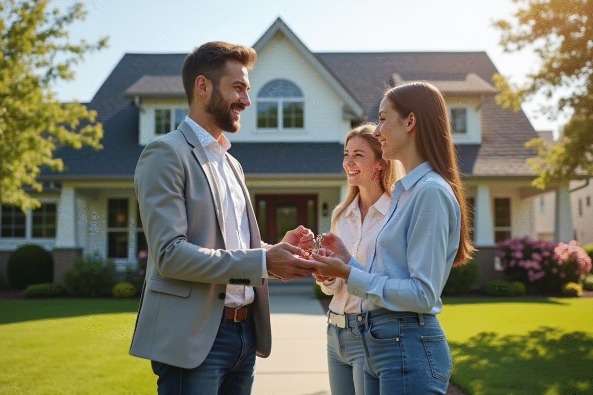 Agent immobilier remettant les clés à un jeune couple devant une maison moderne