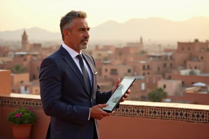 Agent immobilier marocain sur une terrasse avec vue sur les toits de Marrakech, tenant une tablette avec des annonces immobilières