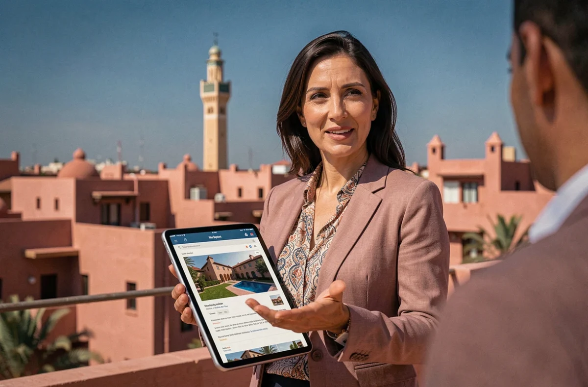Agent immobilière présentant un appartement à vendre à Marrakech depuis une terrasse avec vue sur la Koutoubia
