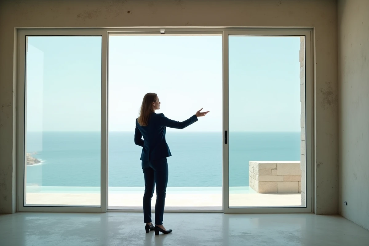 Agent immobilière présentant une villa moderne avec vue panoramique sur la mer depuis le salon vitré