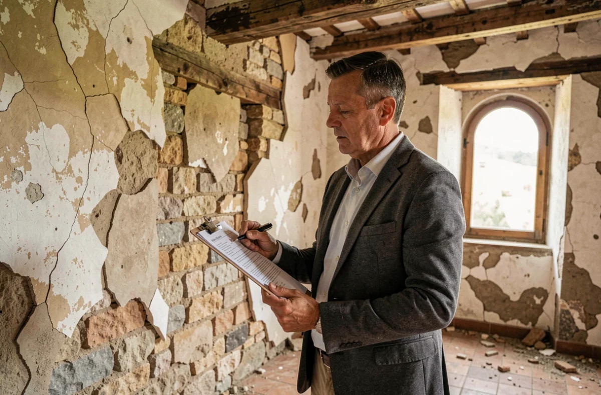 Agent immobilier inspectant l'intérieur délabré d'une maison abandonnée en Ardèche lors d'une visite avant achat