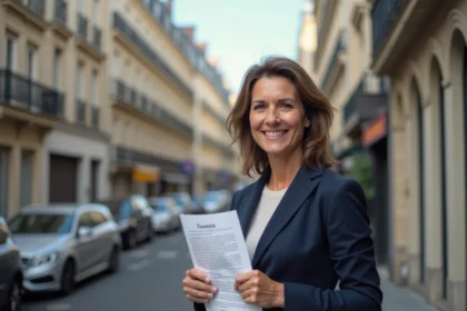 Agent immobilière tenant un document zone tendue devant un immeuble haussmannien à Paris
