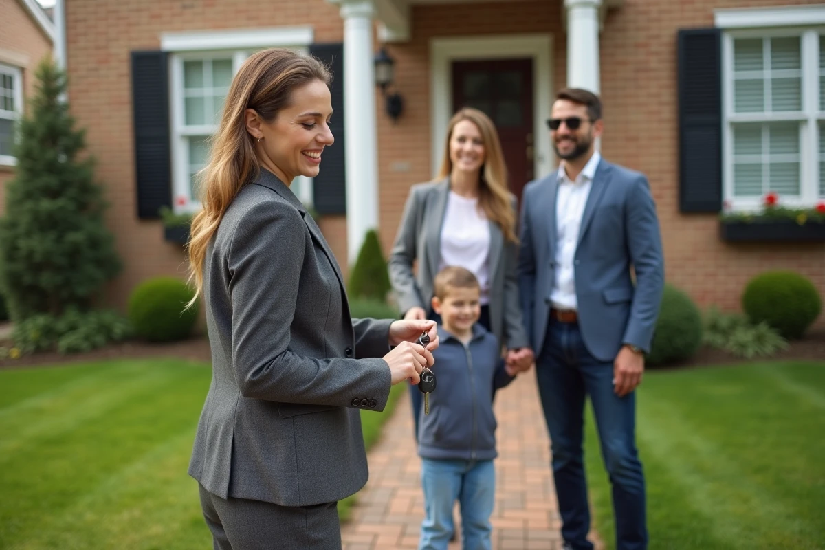 Agent immobilier donnant les clés à une famille devant leur maison