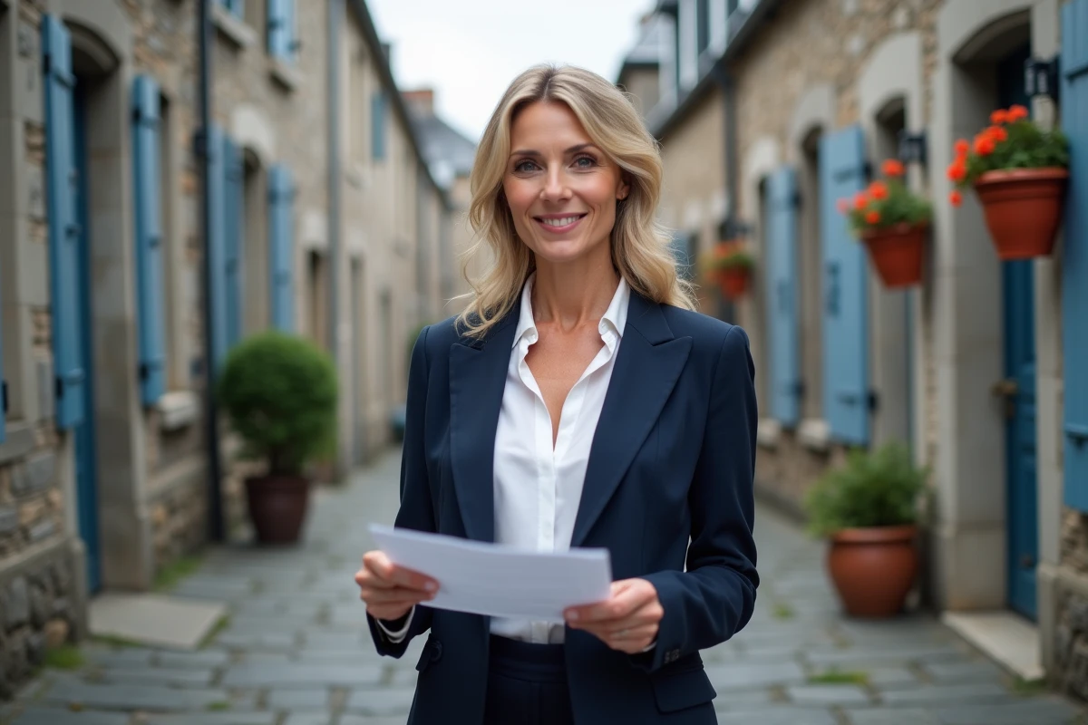Agent immobilière remettant un contrat de location devant un immeuble en pierre typique de Concarneau en Bretagne