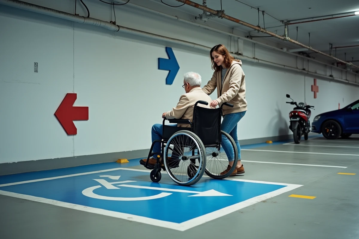 Jeune femme aidant une personne en fauteuil dans parking intérieur
