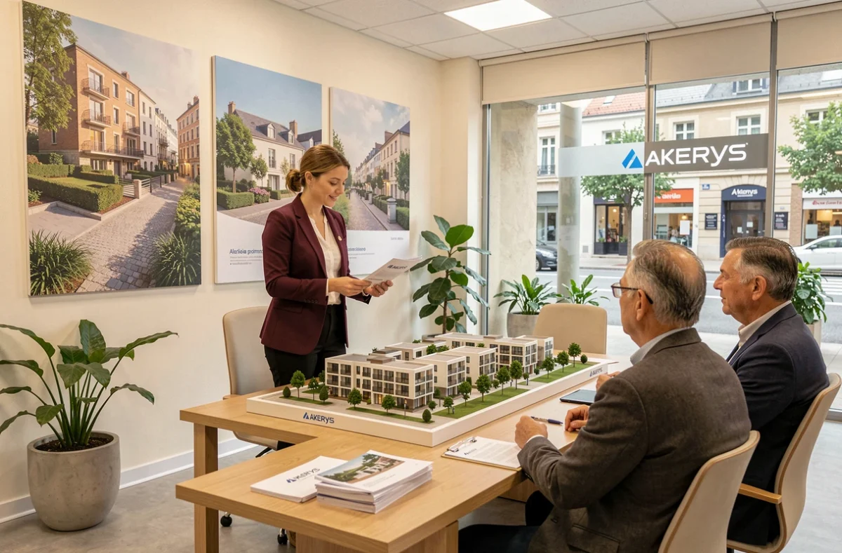 Bureau de vente Akerys Promotion avec conseillère présentant un programme immobilier neuf à des clients en Centre-Val de Loire