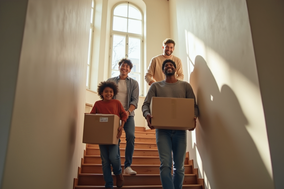 Trois amis portant des cartons d'emménagement dans un immeuble