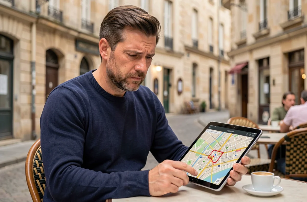 Homme analysant une carte des quartiers de Blois sur tablette pour un projet immobilier