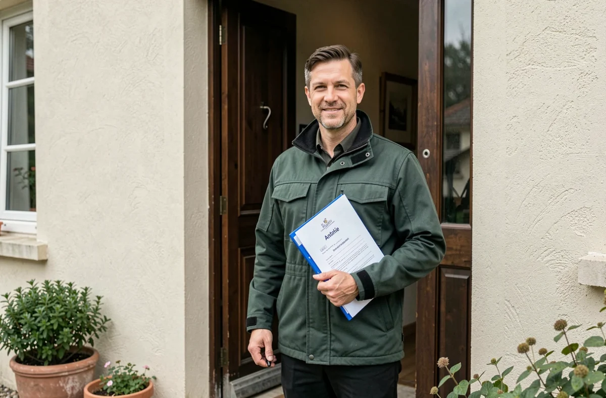 Antoine Debout diagnostiqueur immobilier tenant un dossier de rapport officiel devant l'entrée d'une maison traditionnelle du nord de la France