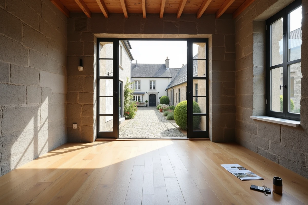 Intérieur d'un appartement à louer dans un immeuble en pierre bretonne rénové à Concarneau avec parquet chêne et murs en granit