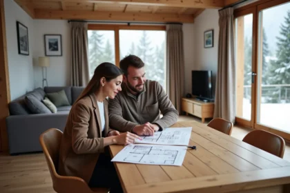 Couple examinant des documents immobiliers dans un appartement Pierre et Vacances meublé en résidence de montagne