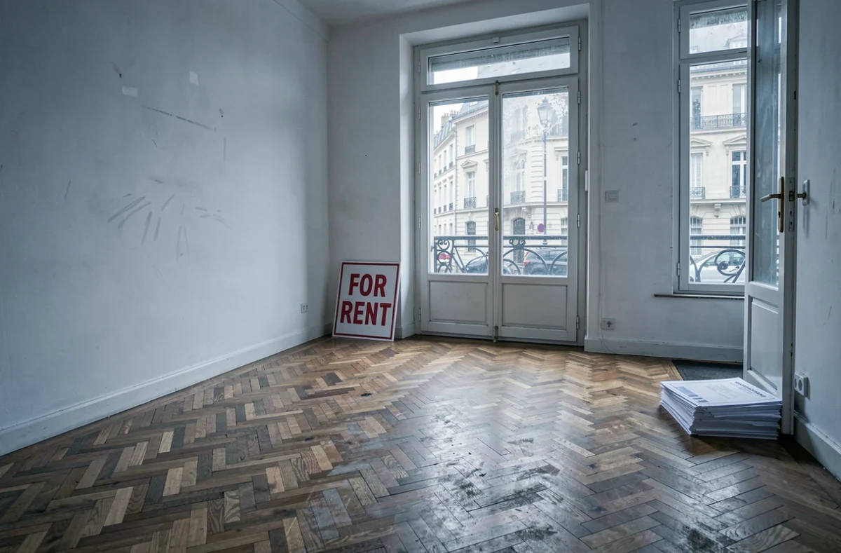 Appartement vacant non meublé avec enveloppes administratives sur le sol, illustrant la taxe sur logement vide