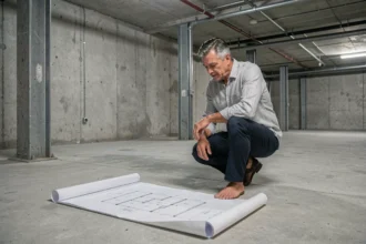 Architecte examinant des plans dans un sous-sol en béton brut pour estimer le prix au m2 d'un garage souterrain