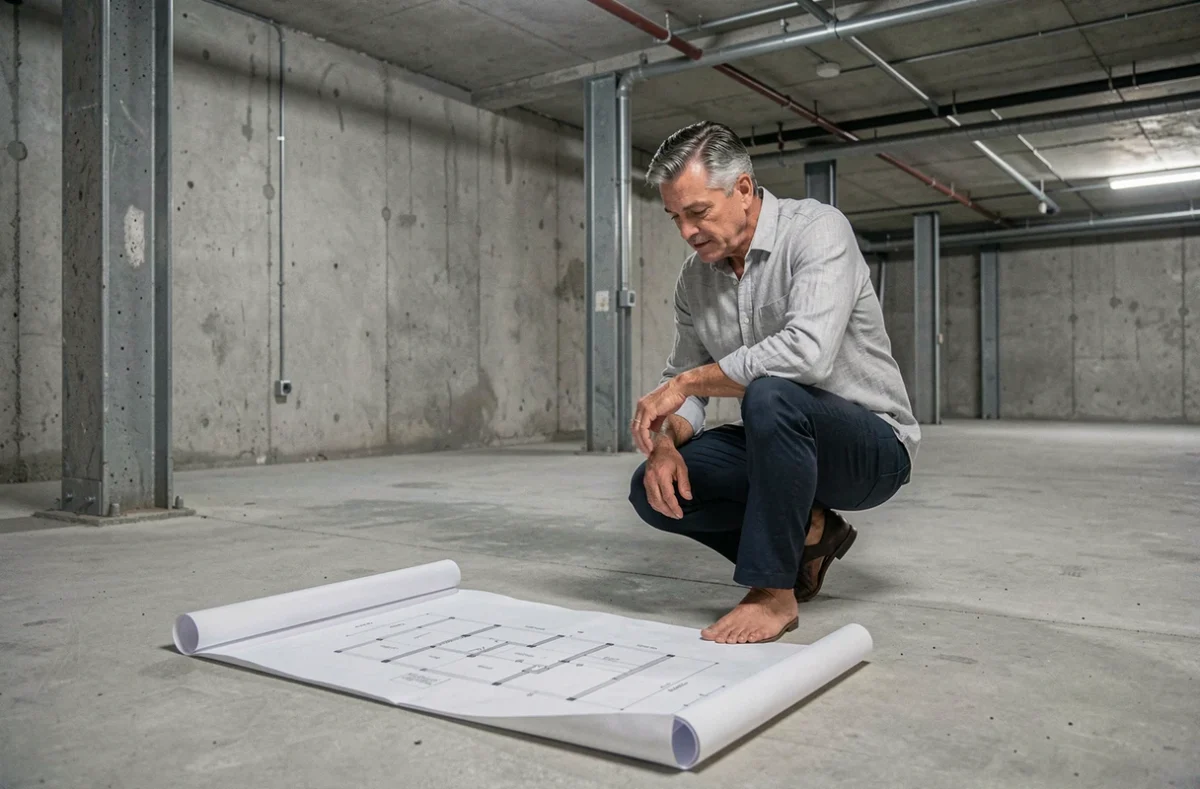 Architecte examinant des plans dans un sous-sol en béton brut pour estimer le prix au m2 d'un garage souterrain