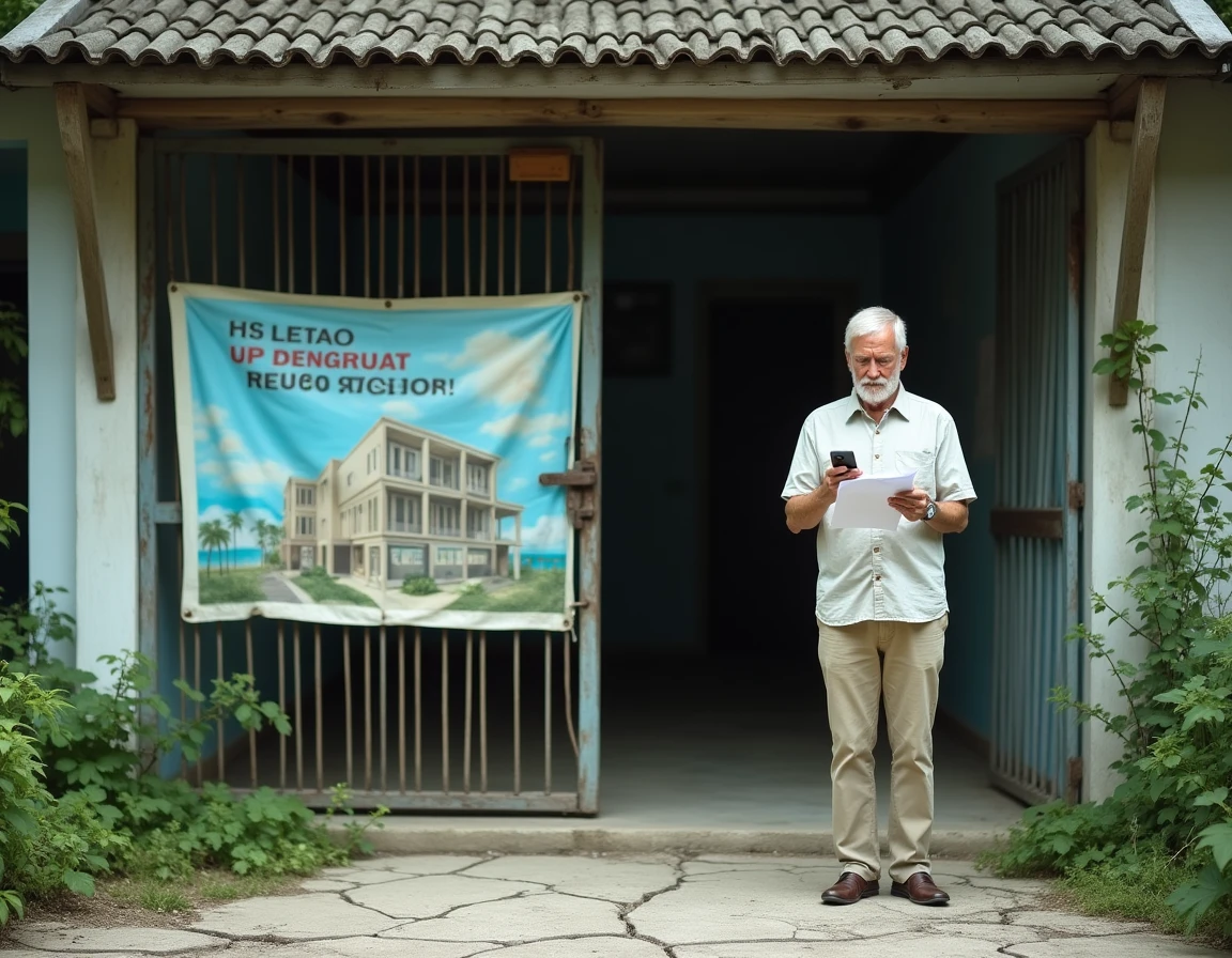 Acheteur étranger inquiet devant un bureau de vente immobilière abandonné à Phuket, victime d'une arnaque d'un promoteur local en Thaïlande