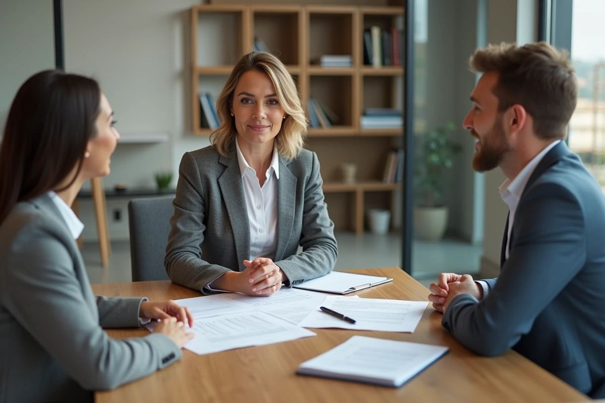 Conseillère en assurance dommages-ouvrage présentant un contrat à des propriétaires avant rénovation