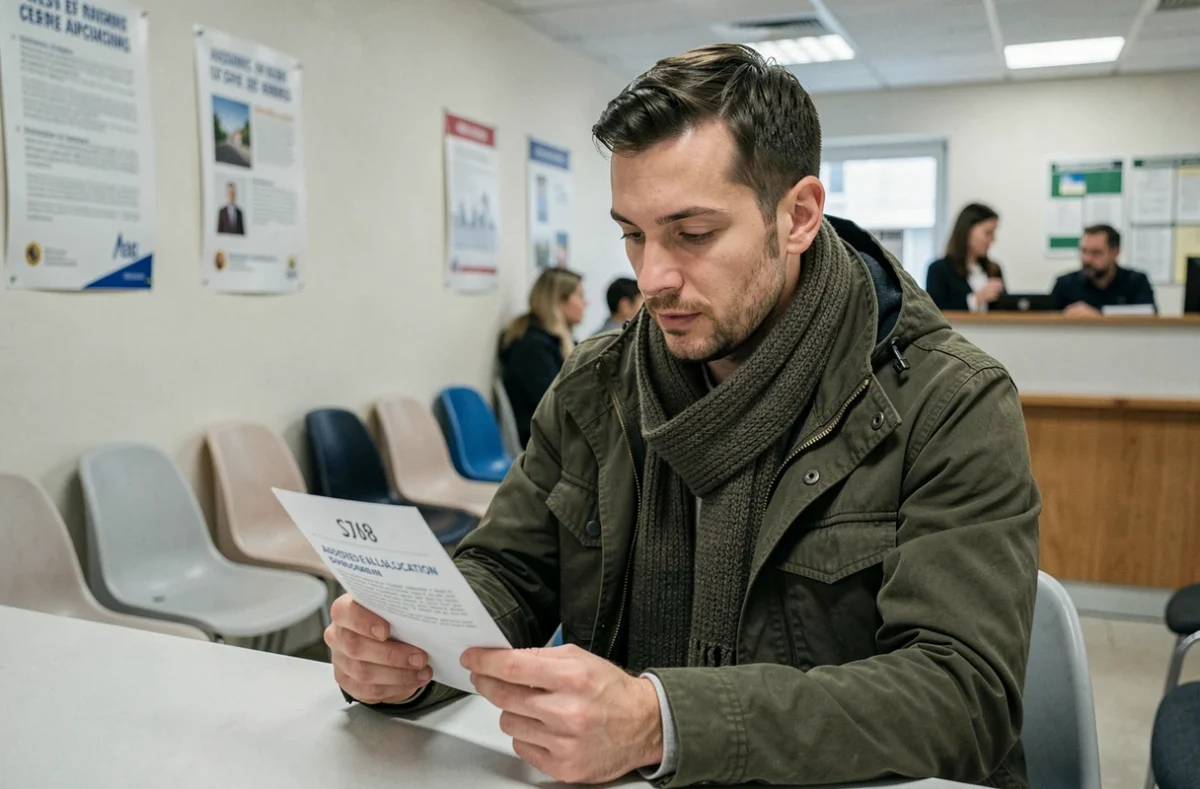 Homme attendant dans une agence de logement social à Paris avec un ticket de file d'attente et une brochure d'attribution de logement