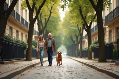 Avenue résidentielle de Maisons-Laffitte avec immeubles haussmanniens et couple se promenant avec un chien