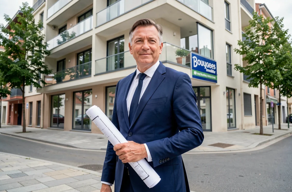 Représentant de Bouygues Immobilier devant un programme résidentiel neuf en Centre-Val de Loire avec panneau de chantier visible