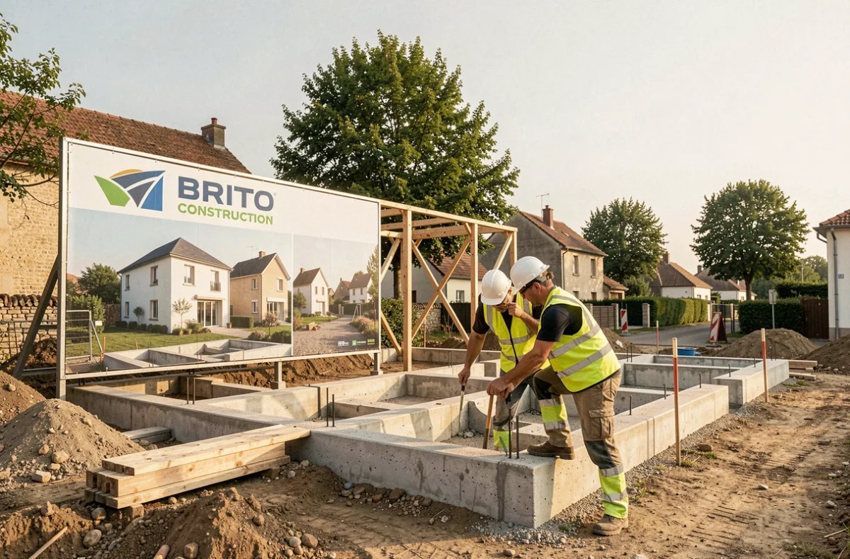 Chantier Brito Construction dans une commune du Centre-Val de Loire avec ouvriers inspectant les fondations d'un programme de maisons individuelles