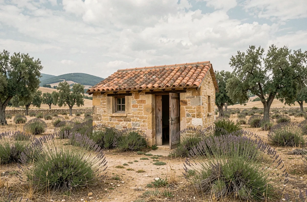 Cabanon cadastré en pierre sur un terrain non constructible dans la campagne française entouré de garrigue