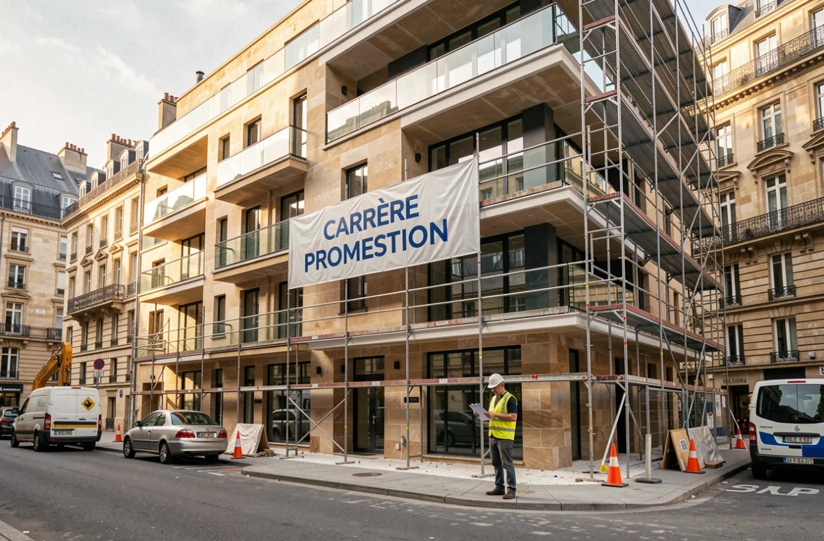 Immeuble résidentiel Carrère Promotion en construction en centre-ville avec responsable de chantier et bannière promotionnelle