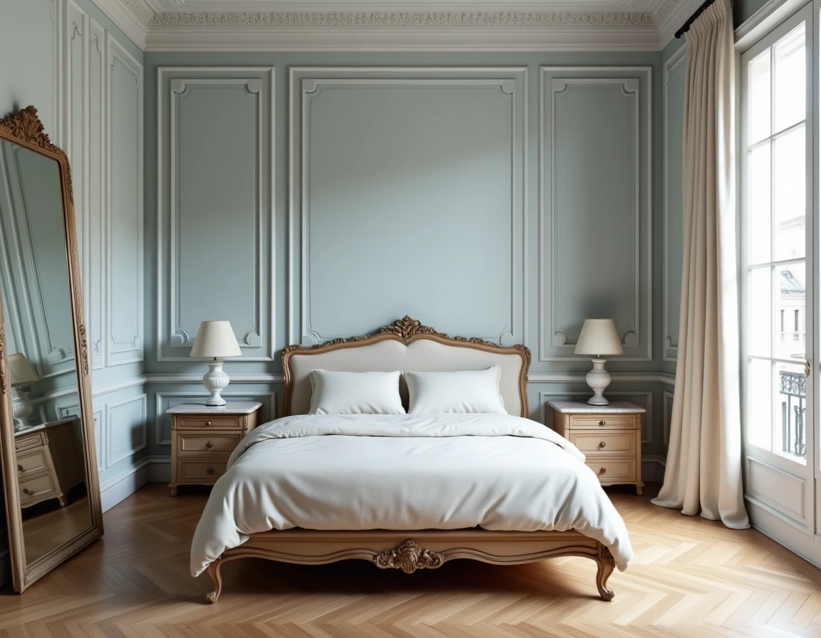 Chambre haussmannienne avec linge de lit ivoire, murs en lin bleu pâle et parquet à chevrons — décoration parisienne élégante