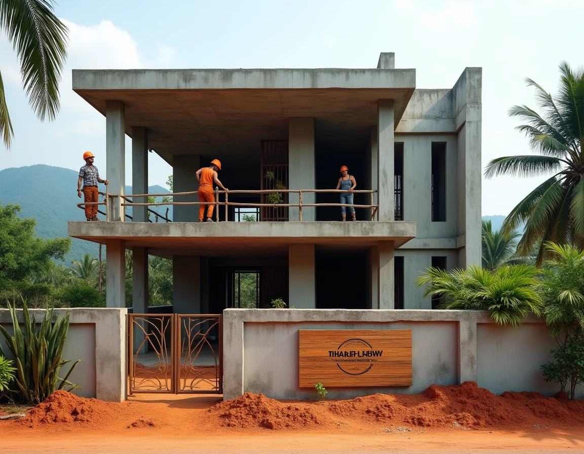Chantier de construction d'une villa résidentielle par un promoteur local en Thaïlande à Chiang Mai avec ouvriers et panneau de projet