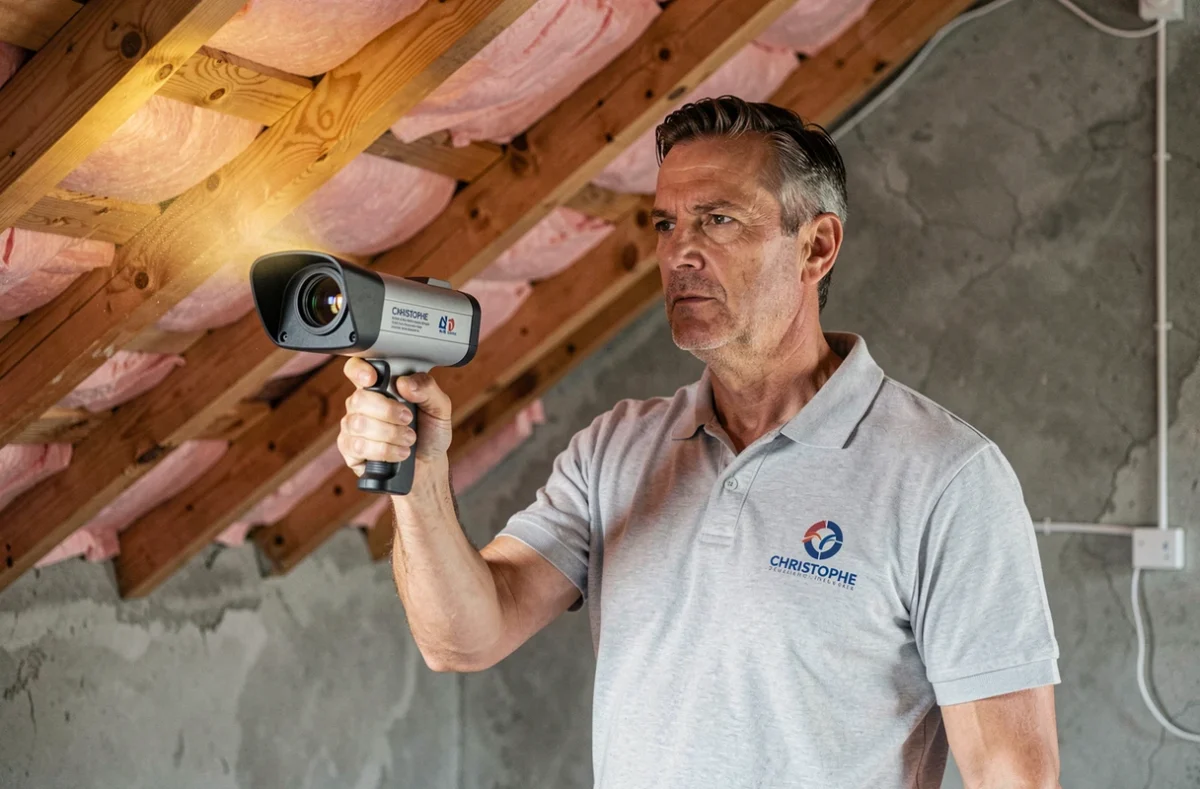 Christophe Morillion diagnostiqueur immobilier effectuant une analyse thermique dans un grenier de maison avec une caméra infrarouge