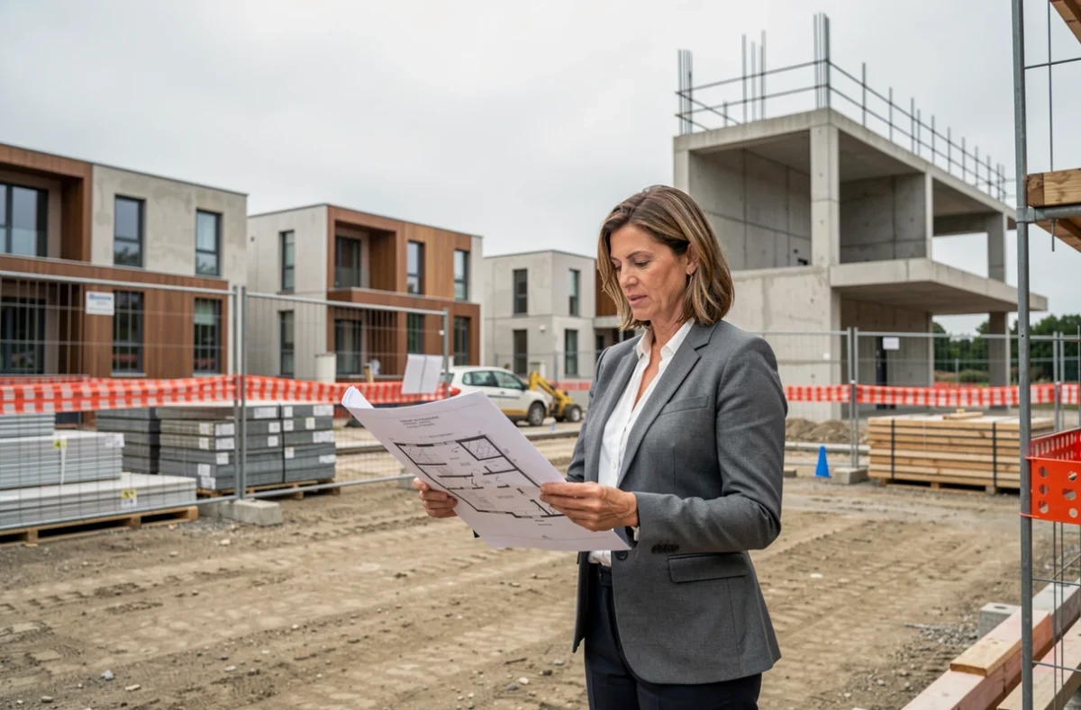 Chef de projet Cogedim Centre-Val de Loire examinant des plans de construction sur un chantier résidentiel en cours