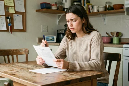Jeune femme colocataire lisant un bail solidaire à la table de la cuisine d'un appartement partagé