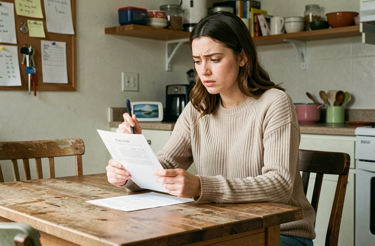 Jeune femme colocataire lisant un bail solidaire à la table de la cuisine d'un appartement partagé