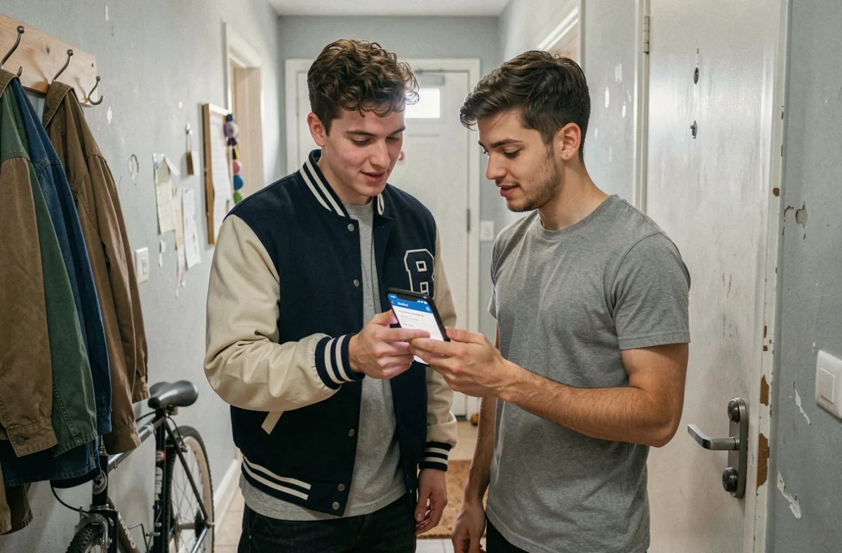 Deux colocataires étudiants comparant des offres d'assurance habitation sur smartphone dans le couloir de leur appartement