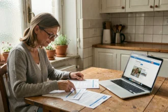 Femme comparant des offres d'assurance habitation sur table avec documents papier et ordinateur portable à Thionville