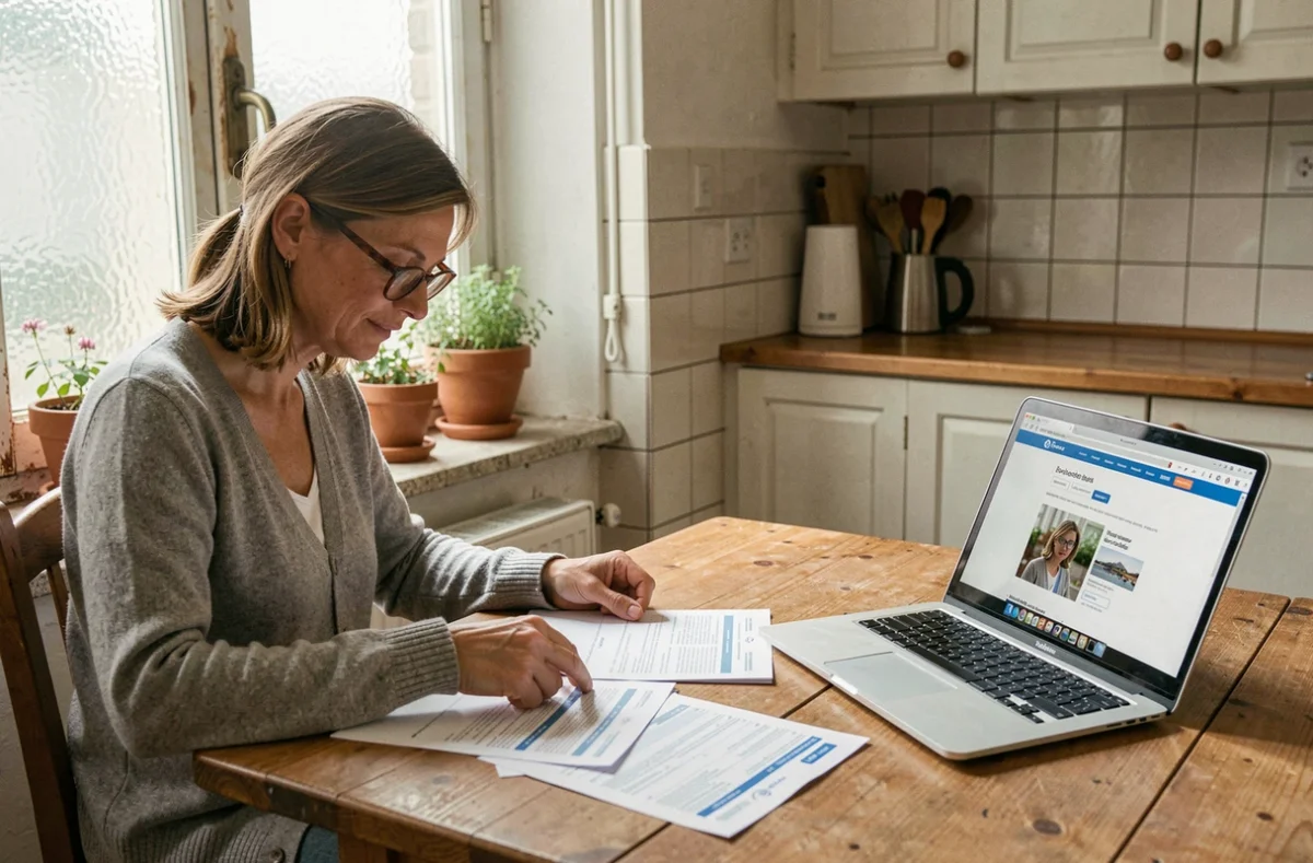 Femme comparant des offres d'assurance habitation sur table avec documents papier et ordinateur portable à Thionville