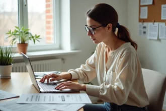 Femme comparant des offres de location immobilière sur ordinateur portable avec des annonces imprimées sur un bureau en bois