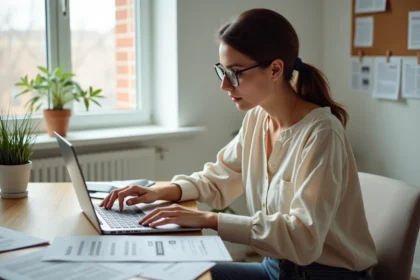 Femme comparant des offres de location immobilière sur ordinateur portable avec des annonces imprimées sur un bureau en bois
