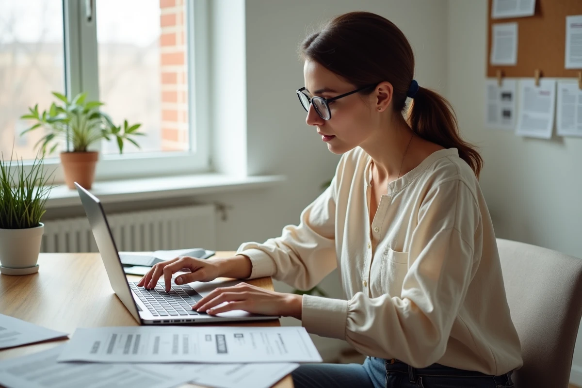 Femme comparant des offres de location immobilière sur ordinateur portable avec des annonces imprimées sur un bureau en bois