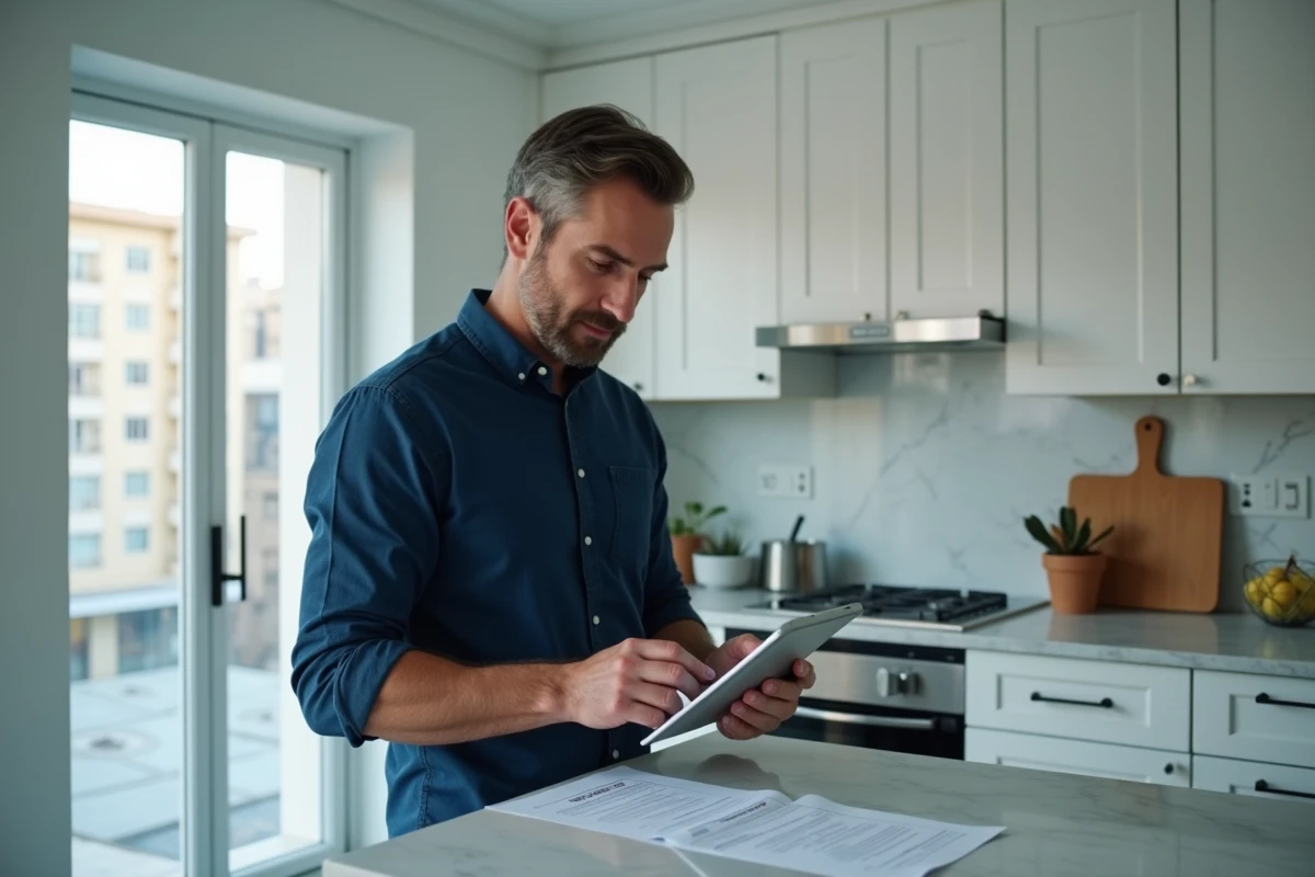 Homme configurant son compte MyFoncia sur une tablette avec des documents de location sur le comptoir