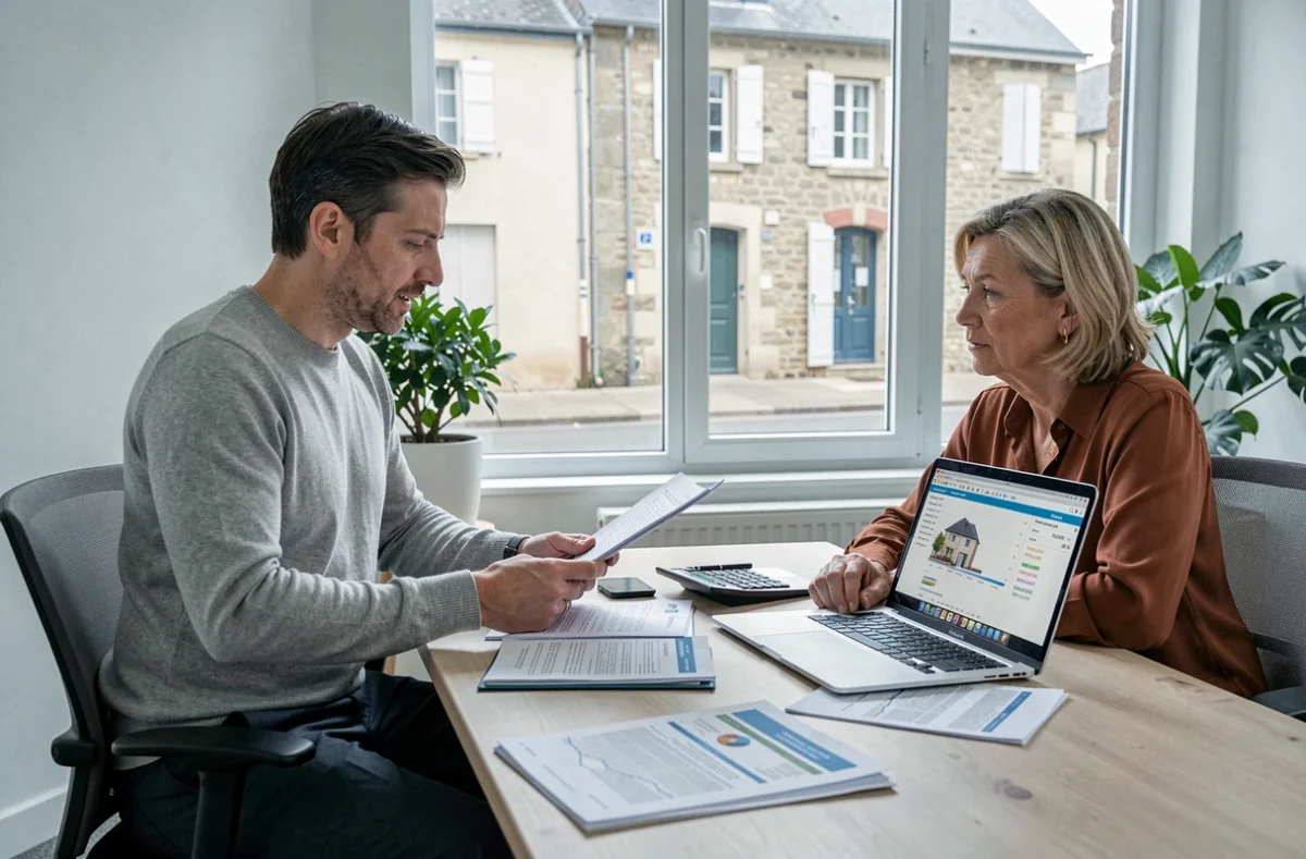 Conseiller immobilier expliquant la fiscalité et les droits de revente d'un PRL à une propriétaire en Vendée