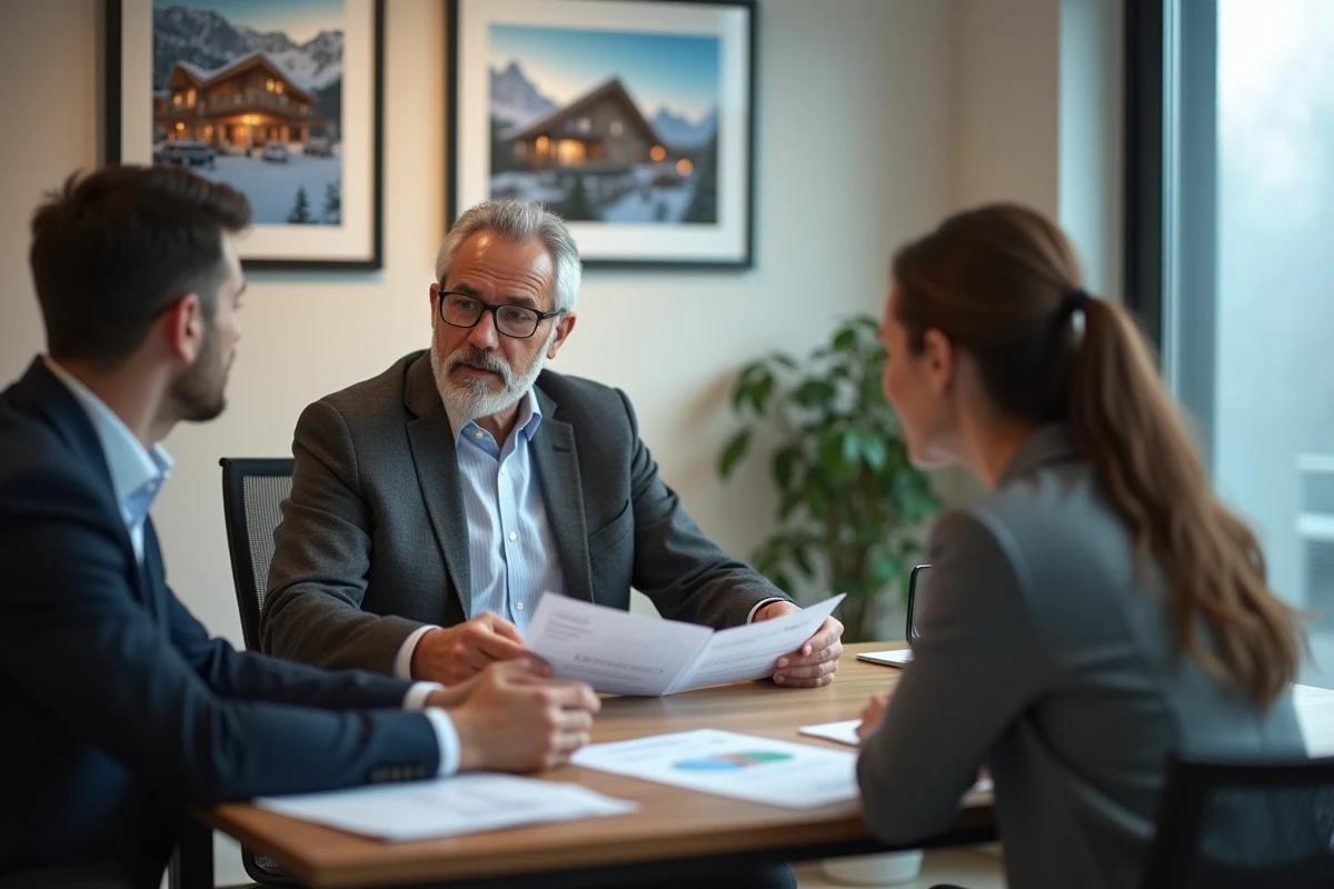 Conseiller immobilier présentant un dossier de rendement locatif pour un appartement Pierre et Vacances en station de ski
