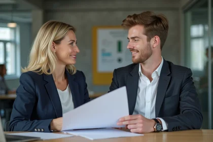 Une femme d'affaires discute avec un jeune homme dans un bureau social